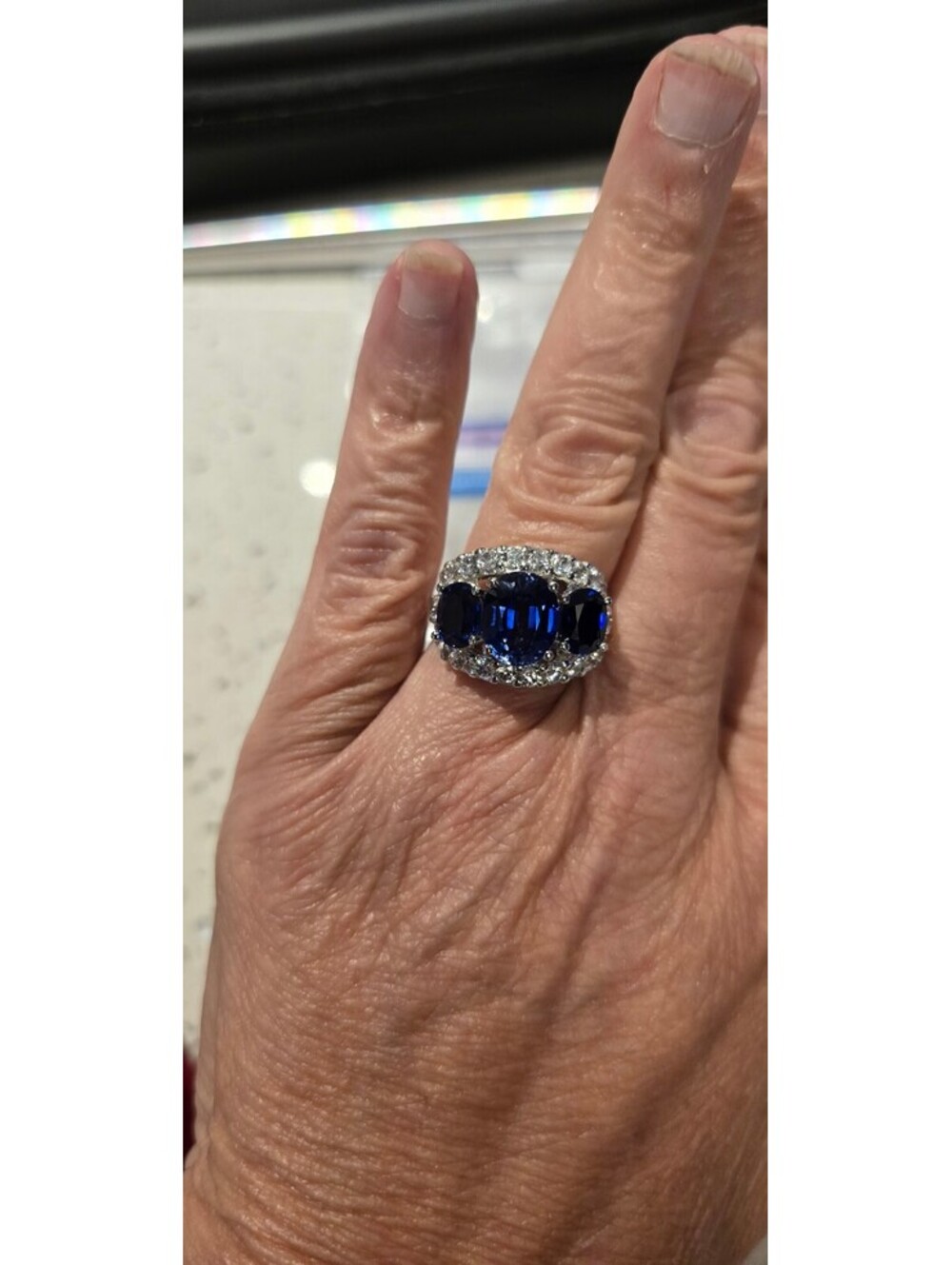 Three Stone Kashmir Sapphire and White pave set Sapphire in s925 sz 8